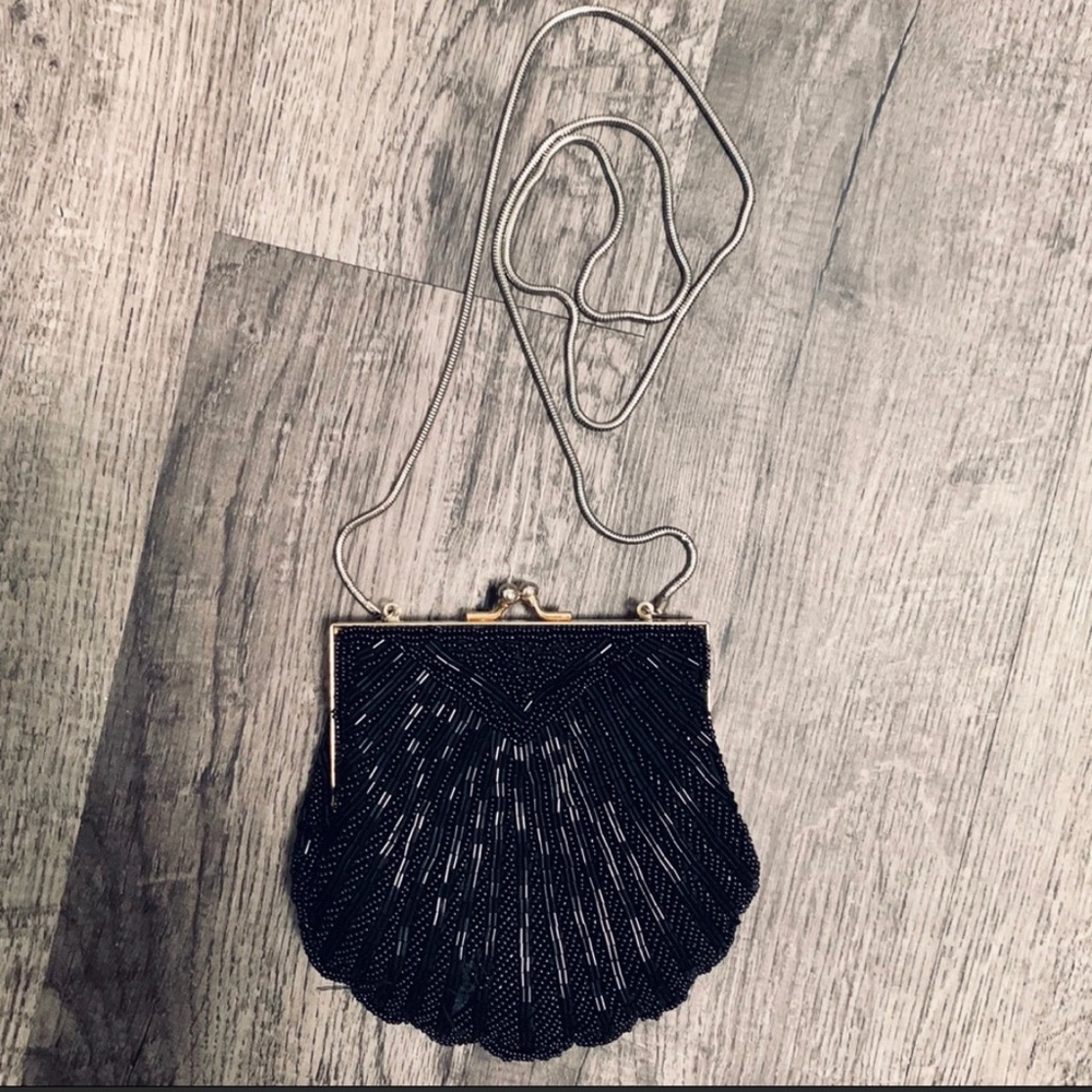 Vintage black beaded crossbody clutch bag